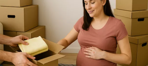 "Gravid person sitter bredvid flyttlådor och får hjälp med packning – symboliserar säker och trygg flytt under graviditet med energibesparande tips"