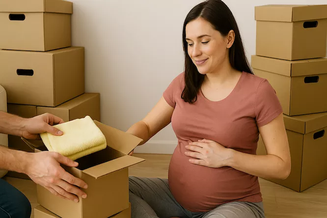 "Gravid person sitter bredvid flyttlådor och får hjälp med packning – symboliserar säker och trygg flytt under graviditet med energibesparande tips"