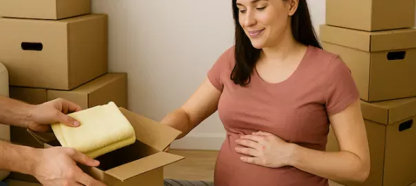 "Gravid person sitter bredvid flyttlådor och får hjälp med packning – symboliserar säker och trygg flytt under graviditet med energibesparande tips"